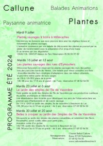 programme des animations de Callune paysanne animatrice sur le plateau de millevaches en limousin.Été 2024